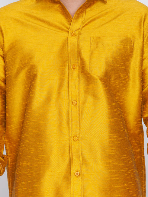 Vastramay Men's Yellow Cotton Silk Blend Shirt and Mundu Set